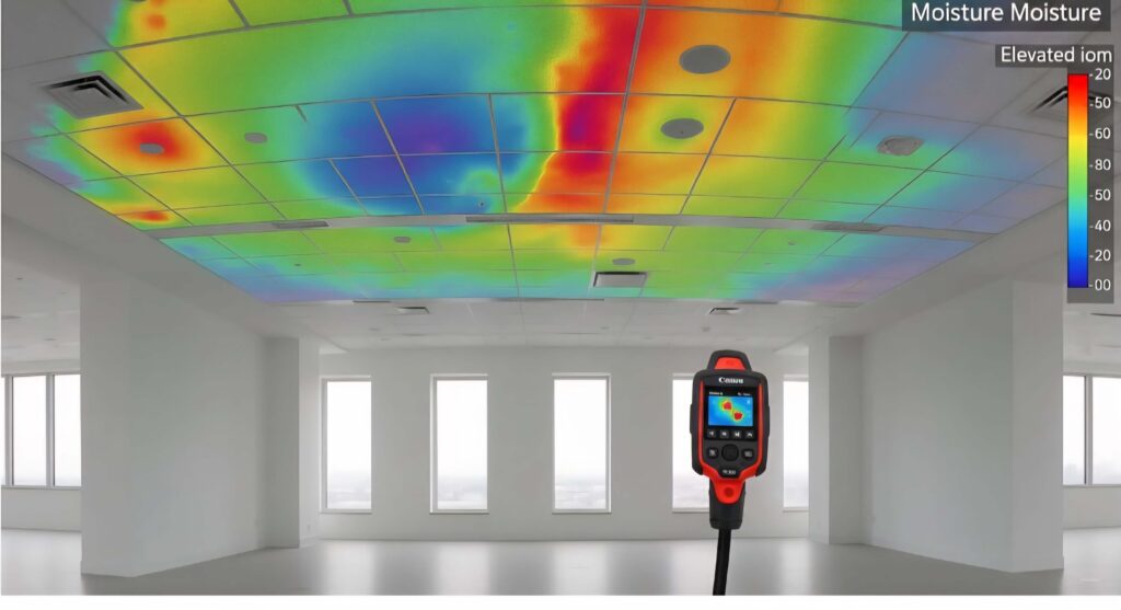 A thermal imaging camera projects a colorful moisture map onto an office ceiling, highlighting areas of