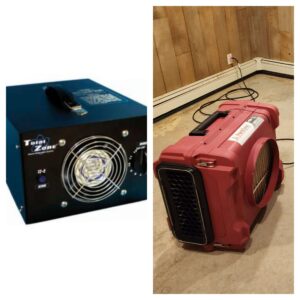 A black Total Zone ozone generator and a red PuroClean HEPA air scrubber are displayed.