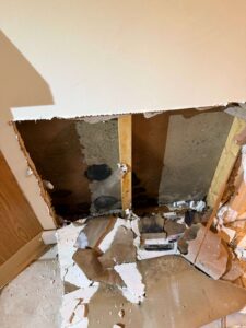 Removed drywall exposes a wall cavity showing extensive water damage and black mold.
