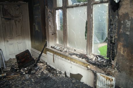 a room destroyed by fire