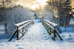 Snowy, wooden bridge in a winter day. Winter safety tips.