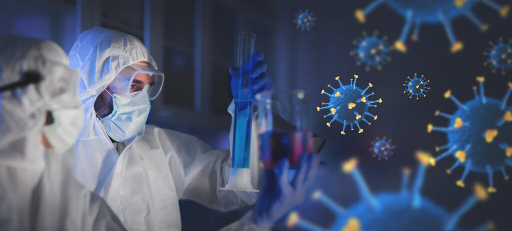 A scientist in protective gear examines a test tube against a backdrop of floating virus particles.