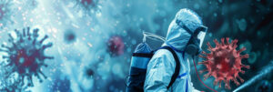 A person in a hazmat suit sprays disinfectant at a large red virus particle.