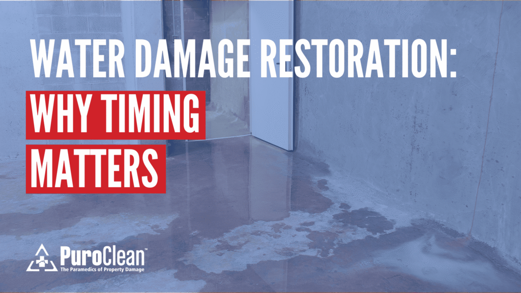 Water-damaged floor with a doorway; text highlights the importance of timely restoration.