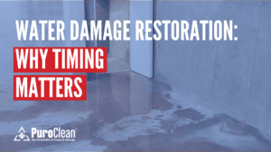 Water-damaged floor with a doorway; text highlights the importance of timely restoration.