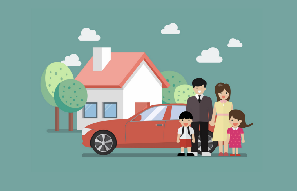 A family stands outside their home and car, surrounded by trees and clouds, emphasizing safety and preparedness.