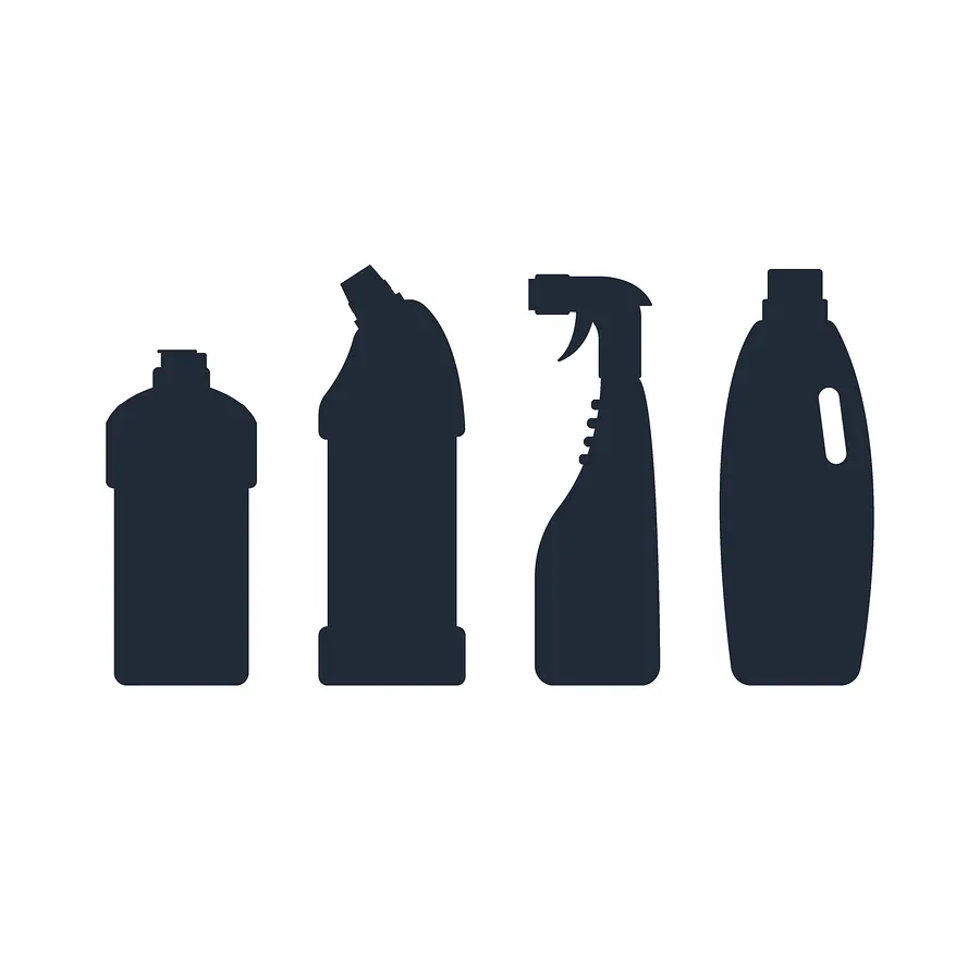 Four dark silhouettes of various household cleaning product bottles are displayed.