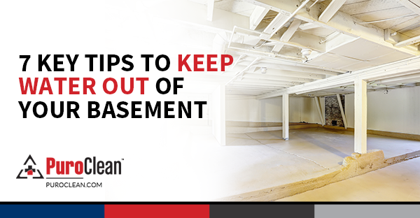Seven tips for preventing water intrusion in a basement, with a clean, empty basement space in the background.