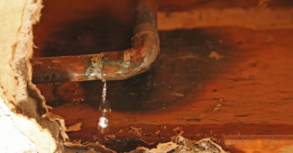 Water drips from a corroded copper pipe exposed through a damaged wall. TITLE