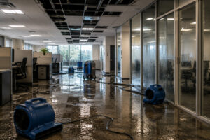 Flooded office with exposed ceiling, wet floors, and blue drying fans for water damage restoration