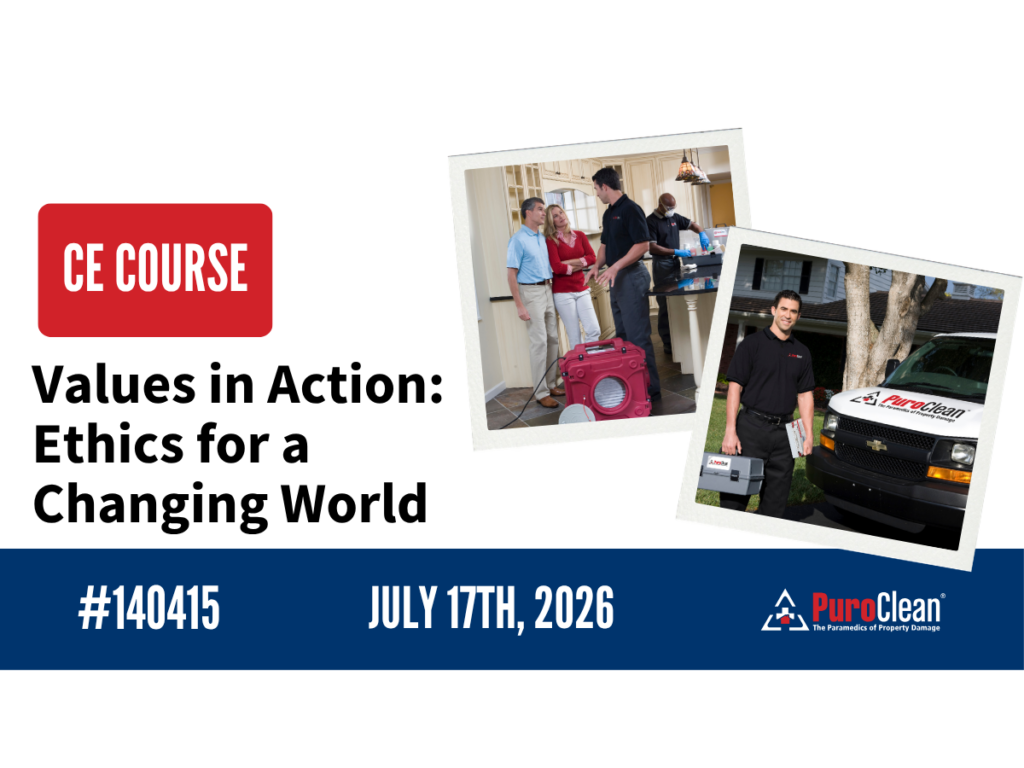 CE Course graphic for Values in Action: Ethics for a Changing World, featuring PuroClean technicians and