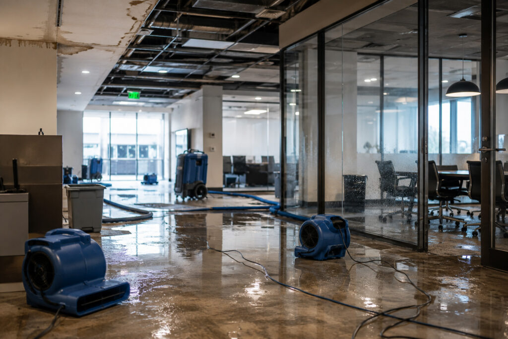 Industrial fans and water extractors dry a flooded office with wet floors and damaged ceilings