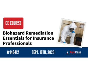 A graphic advertises a Biohazard Remediation CE Course for insurance professionals, featuring a