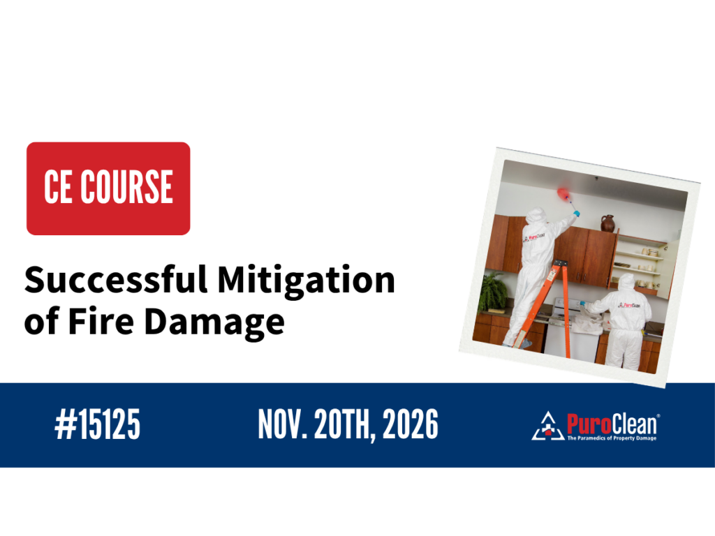Banner advertising a CE course on successful fire damage mitigation, featuring PuroClean technicians cleaning a kitchen.
