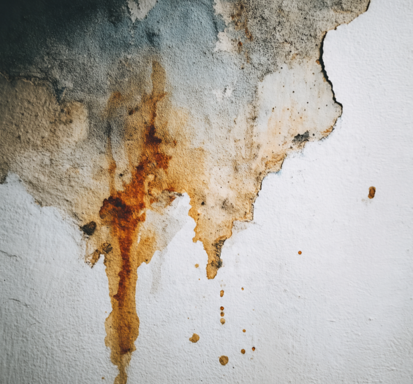 Brown water stain on a white wall caused by water damage, highlighting the need for wall repair and mold prevention.