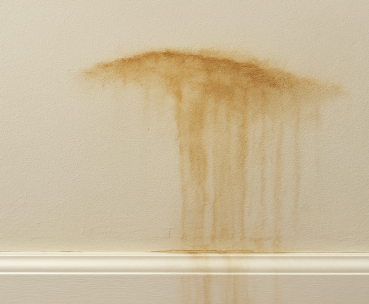 Brown water stain on a white wall caused by water damage, highlighting the need for wall repair and mold prevention.
