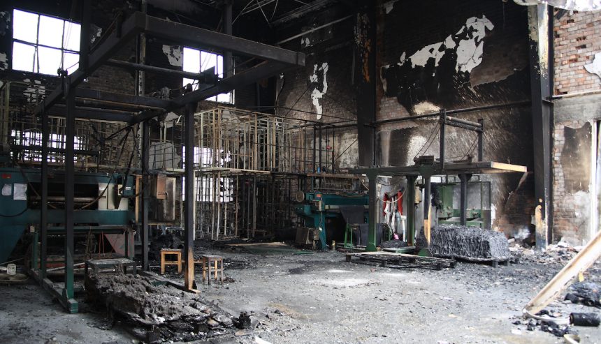 Aftermath of a fire in an industrial workplace.
