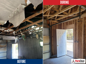 Before and during fire damage restoration of a garage in Green Bay, showing ceiling collapse, insulation removal, and structural drying by PuroClean of Green Bay.