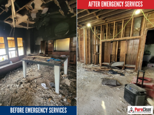 Fire damage cleanup in Green Bay showing extensive interior damage before and during structural cleanup and debris removal.