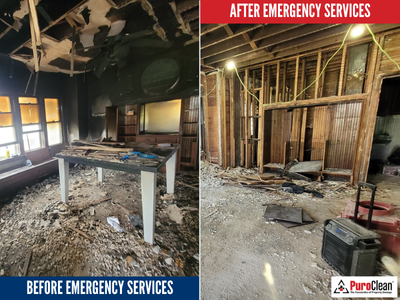 Fire damage cleanup in Green Bay showing extensive interior damage before and during structural cleanup and debris removal.