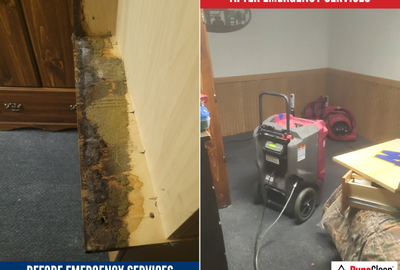 Before-and-after photo of flood damage recovery in a Green Bay home, showing heavy mold along a wall and drying equipment in place during restoration.