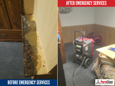 Before-and-after photo of flood damage recovery in a Green Bay home, showing heavy mold along a wall and drying equipment in place during restoration.