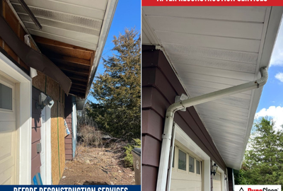 Before and after photo of soffit and fascia restoration through reconstruction services by PuroClean of Green Bay, showing water damage repaired on a garage exterior.
