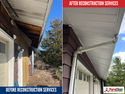 Before and after photo of soffit and fascia restoration through reconstruction services by PuroClean of Green Bay, showing water damage repaired on a garage exterior.