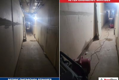 Before and after photos of commercial water damage restoration showing drying equipment in place to reduce business interruption and restore operations efficiently