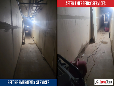 Before and after photos of commercial water damage restoration showing drying equipment in place to reduce business interruption and restore operations efficiently