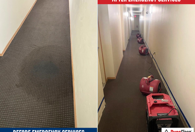 Commercial water damage restoration in Green Bay, showing professional emergency services before and after cleanup to protect the property and prevent further damage.