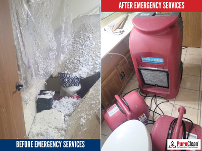 Before and after emergency commercial water cleanup by PuroClean of Green Bay, showing ceiling collapse with insulation and restored bathroom with drying equipment in place.