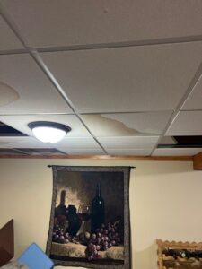 A wide shot of a basement or room interior featuring a drop ceiling with noticeable water damage. A large, prominent brownish water stain spreads across two of the white acoustic ceiling tiles near an illuminated round light fixture. Another circular water stain is visible on a tile further to the left. Below the ceiling, a decorative tapestry depicting wine bottles and grapes hangs on a cream-colored wall above a wooden wine rack.