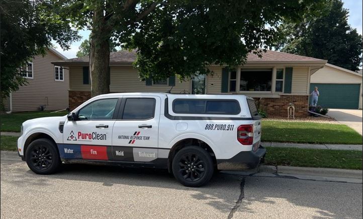 A white PuroClean National Response Team truck is parked outside a house, ready for restoration services