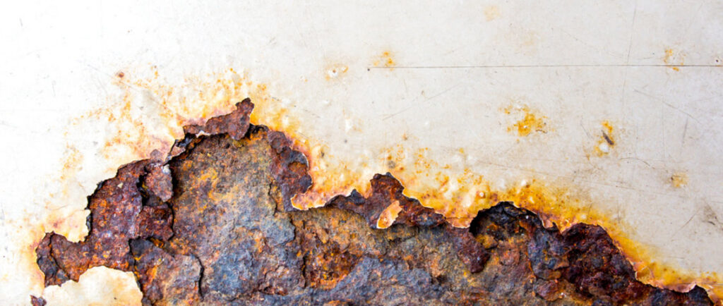 Water damage causes rusting on metal.