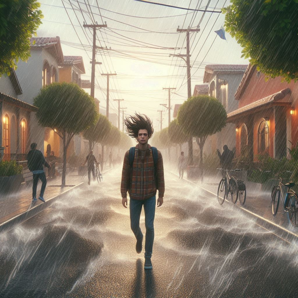 Image of a Man walking in a stormy rain