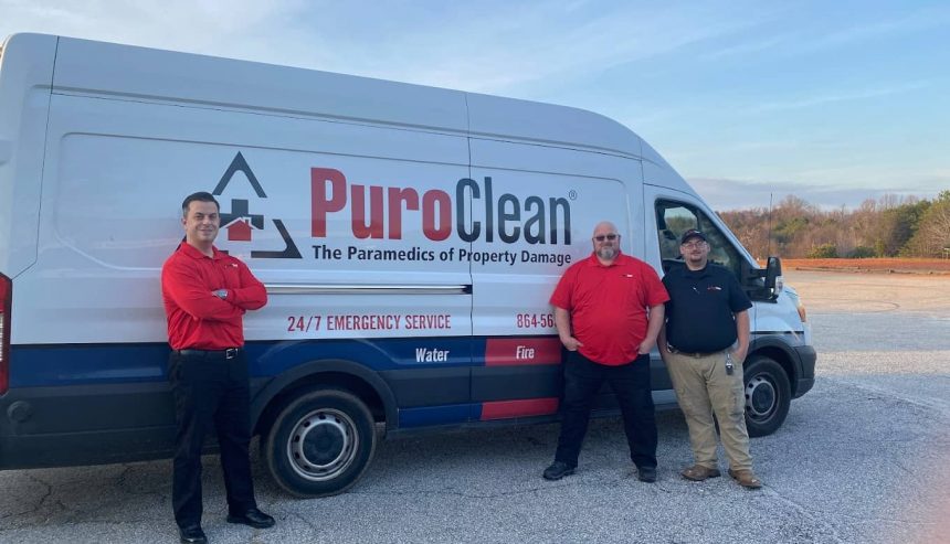 Team van of PurClean providing water damage restoration services in Gramling, SC