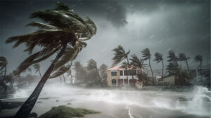 A powerful hurricane batters a coastal house and palm trees with strong winds and heavy rain. TITLE