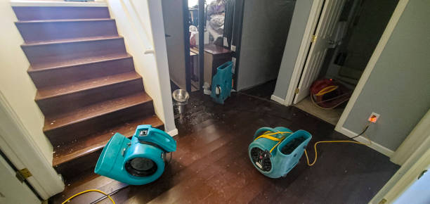 Three teal air movers dry a water-damaged dark wood floor and stairs.
