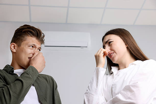 A man and woman pinch their noses, reacting to a bad smell from an air