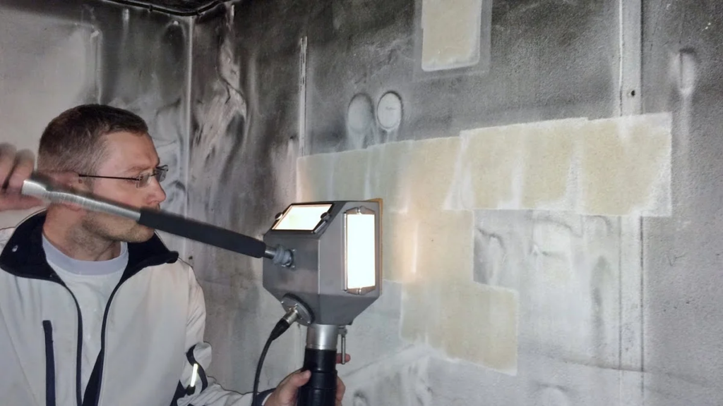 A fire restoration specialist using a high,efficiency vacuum to remove toxic soot particles from a ceiling