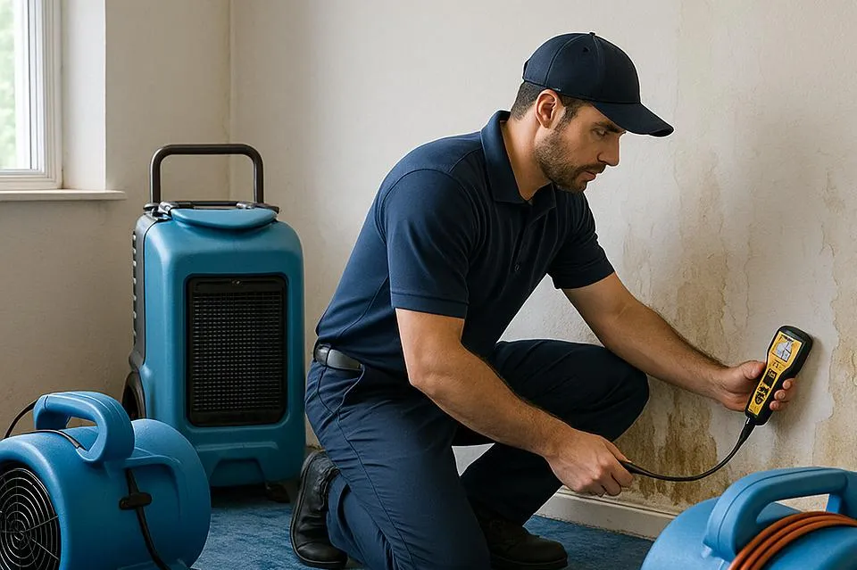 Industrial air movers and dehumidifiers strategically placed for water damage restoration in a Hapeville home