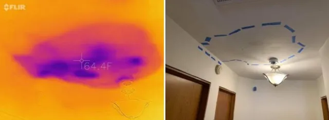 Infrared thermal imaging showing hidden moisture pockets inside a wall during a water damage restoration inspection in Hapeville