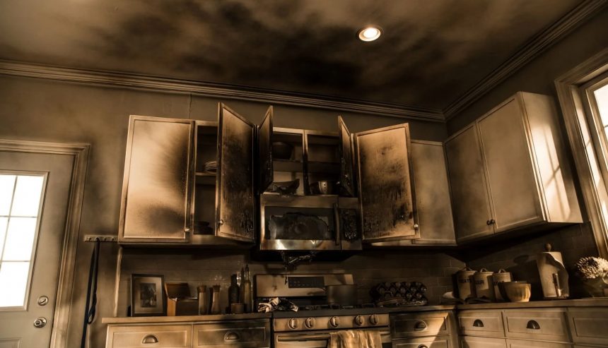 Interior room showing fire and smoke damage