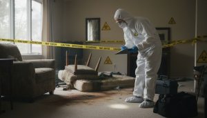Living room sealed with warning signage and plastic barriers prior to biohazard cleanup, showing clear containment of the affected area