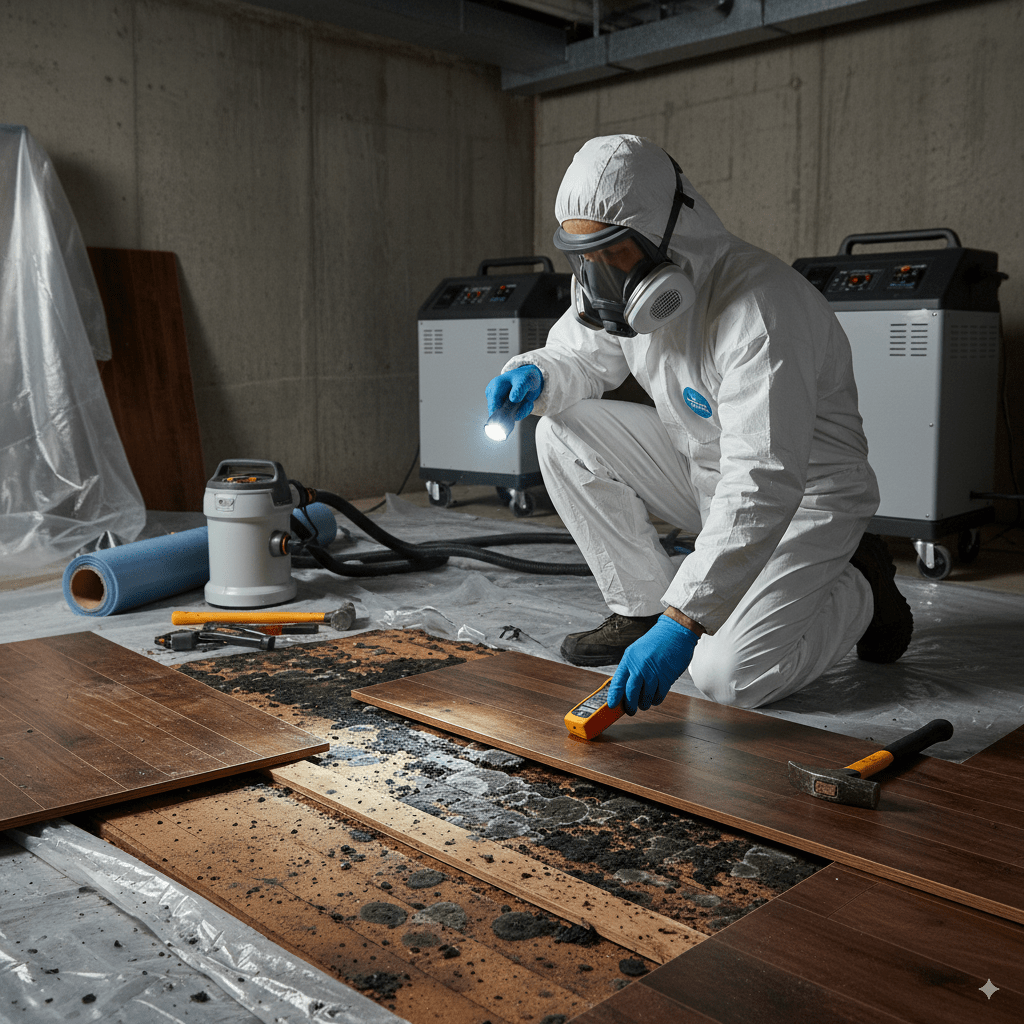 Close-up of flooring and baseboards being inspected for contamination beneath surface materials