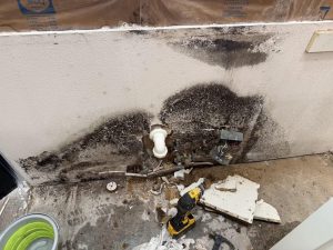 Moisture damage discovered behind kitchen cabinetry