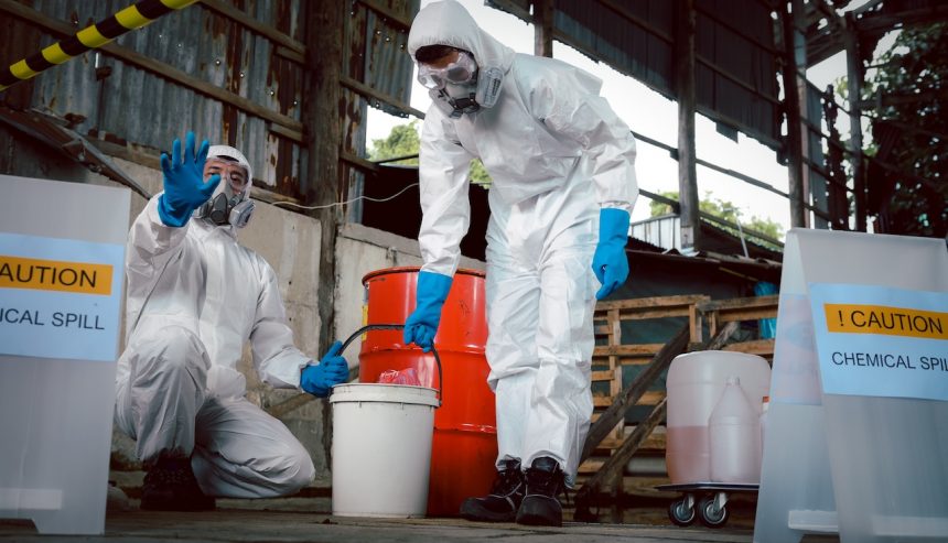 biohazard cleanup technicians wearing protective suits inside residential property Atlanta Georgia