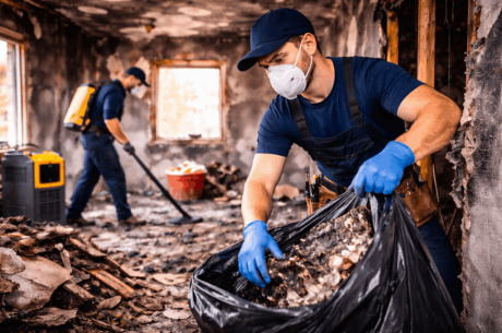 A professional fire restoration company team evaluating structural damage at a South Atlanta property