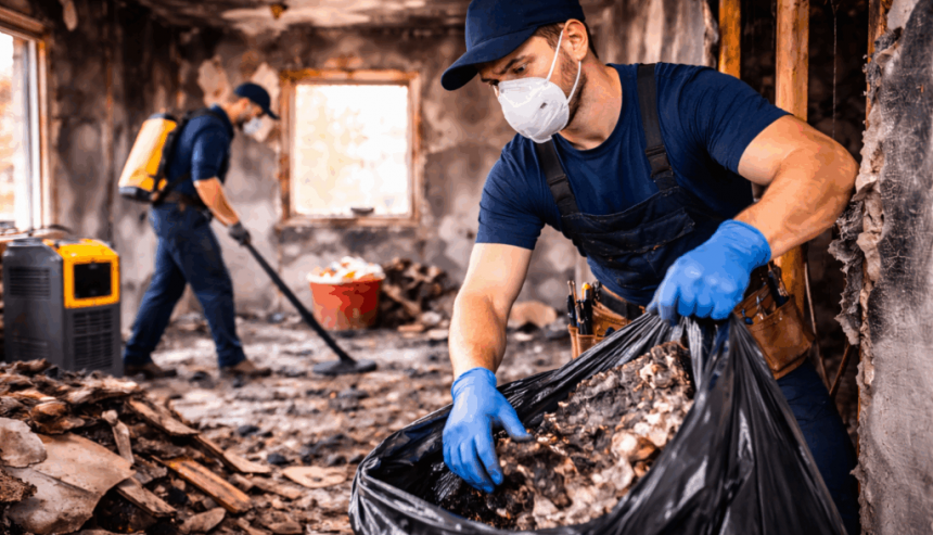 A professional fire restoration company team evaluating structural damage at a South Atlanta property